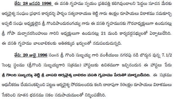 Support to Arya Vysya Girls
